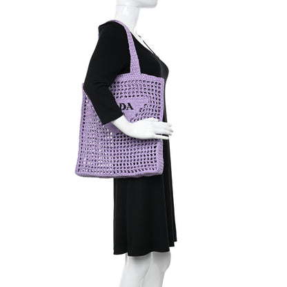 Prada Yarn Raffia Effect Crochet Logo Embroidered Tote Bag Lilium 2 of 9
