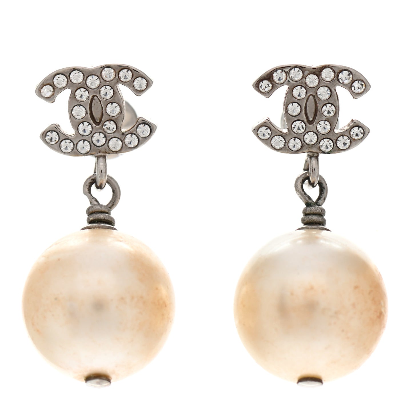 Crystal Pearl CC Drop Earrings Silver