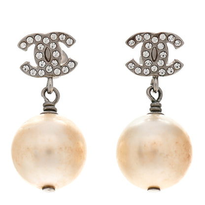 Chanel Crystal Pearl CC Drop Earrings Silver 1 of 5