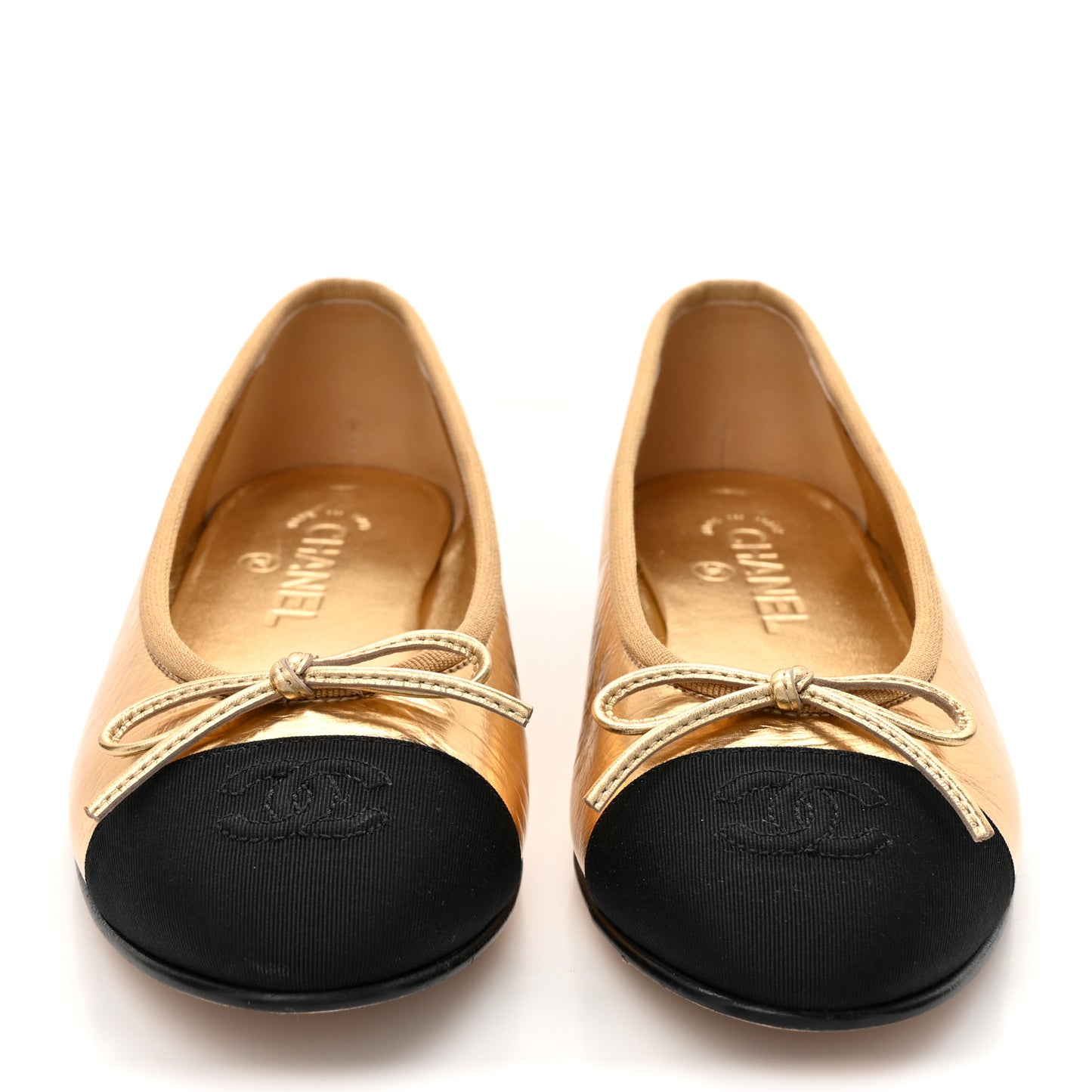 Metallic Calfskin Grosgrain Cap Toe CC Ballerina Flats 37.5 Gold