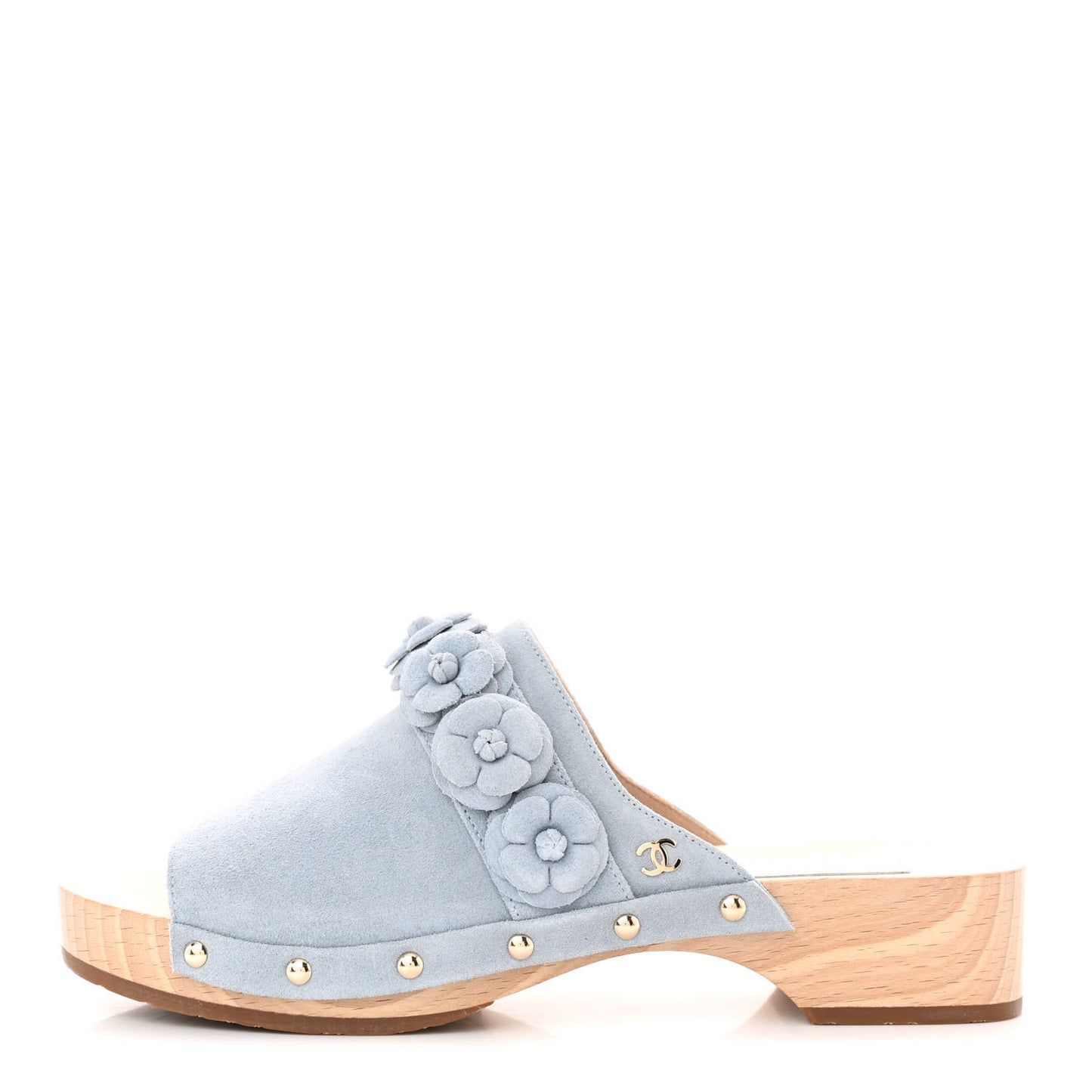 Suede Calfskin Camellia Mules 38 Light Blue