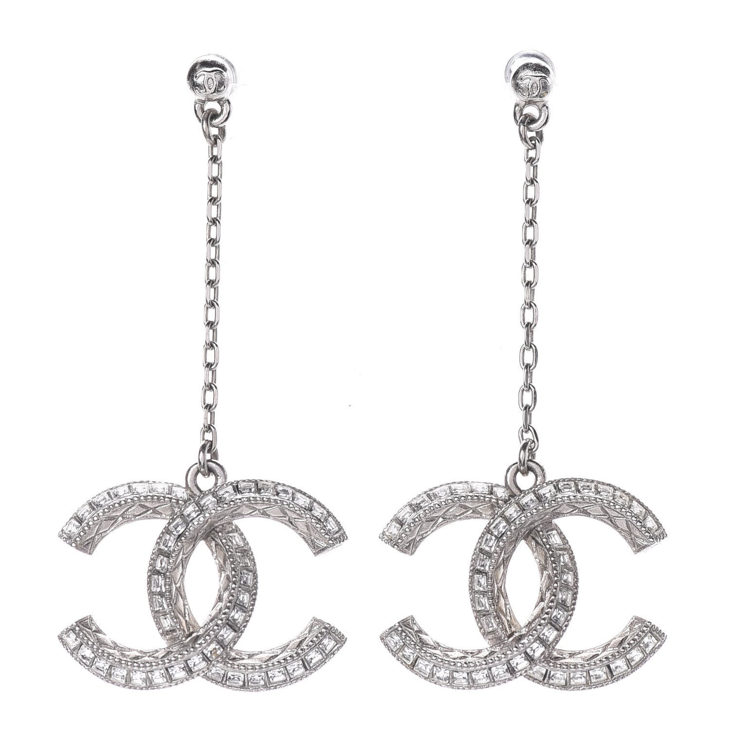 Baguette Crystal CC Drop Earrings Silver