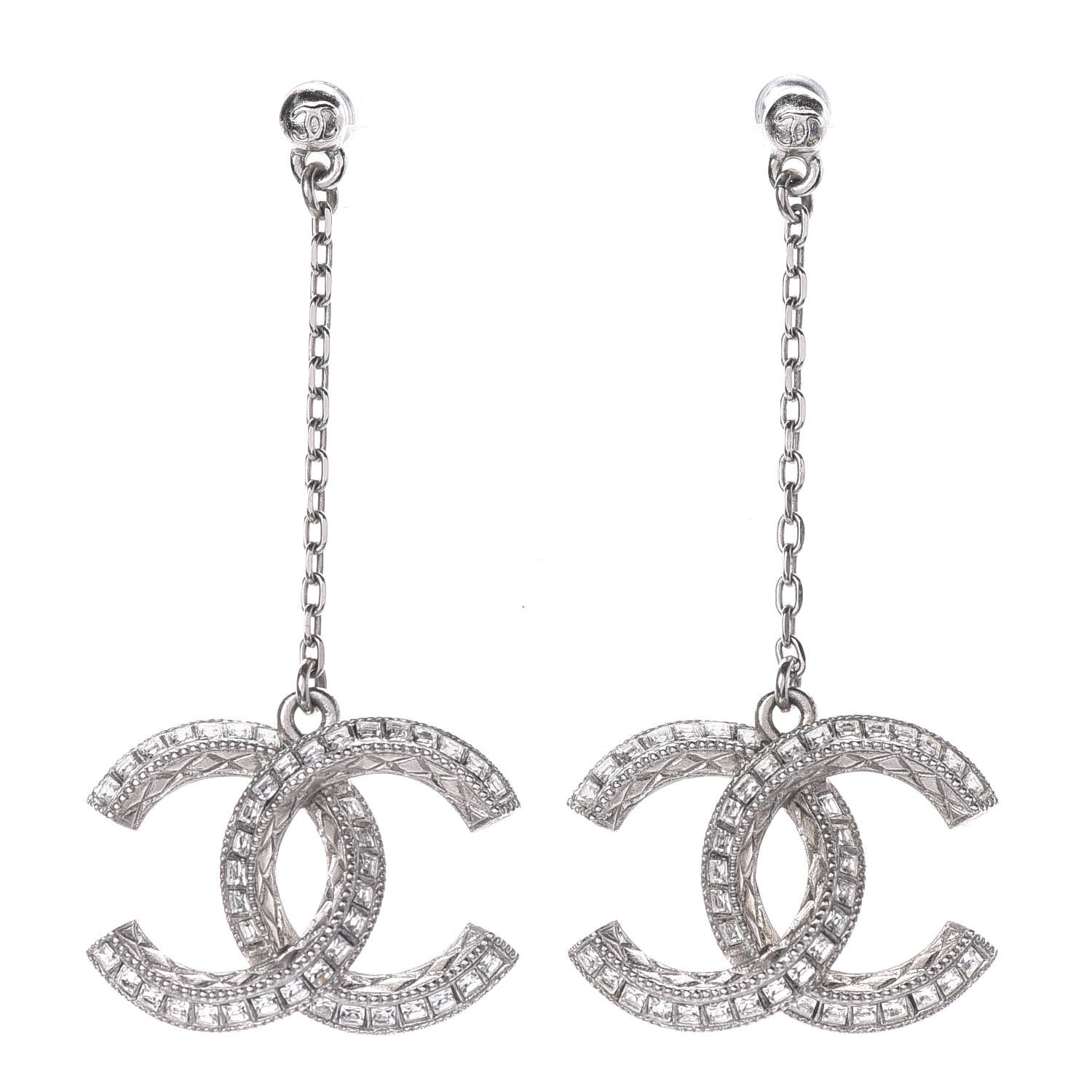 Chanel Baguette Crystal CC Drop Earrings Silver 1 of 4