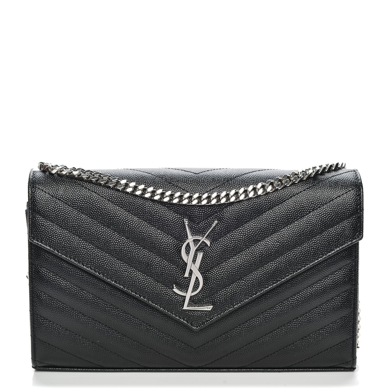 Saint Laurent Grain De Poudre Matelasse Chevron Medium Monogram Chain Wallet Black 8 of 14