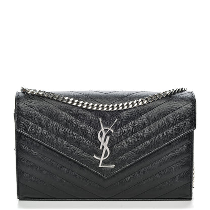 Saint Laurent Grain De Poudre Matelasse Chevron Medium Monogram Chain Wallet Black 8 of 14