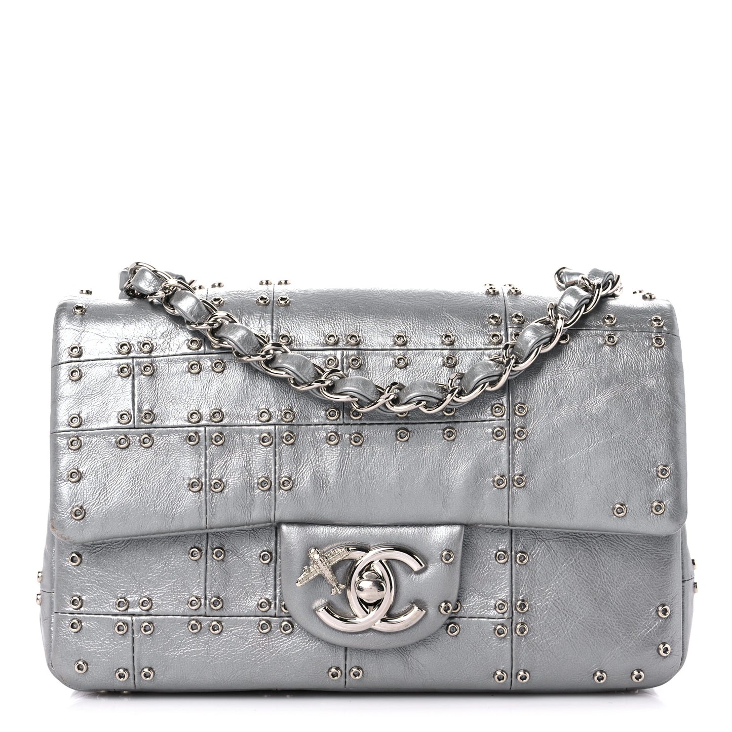 Glazed Calfskin Grommet Embellished Mini Airline Rectangular Flap Silver
