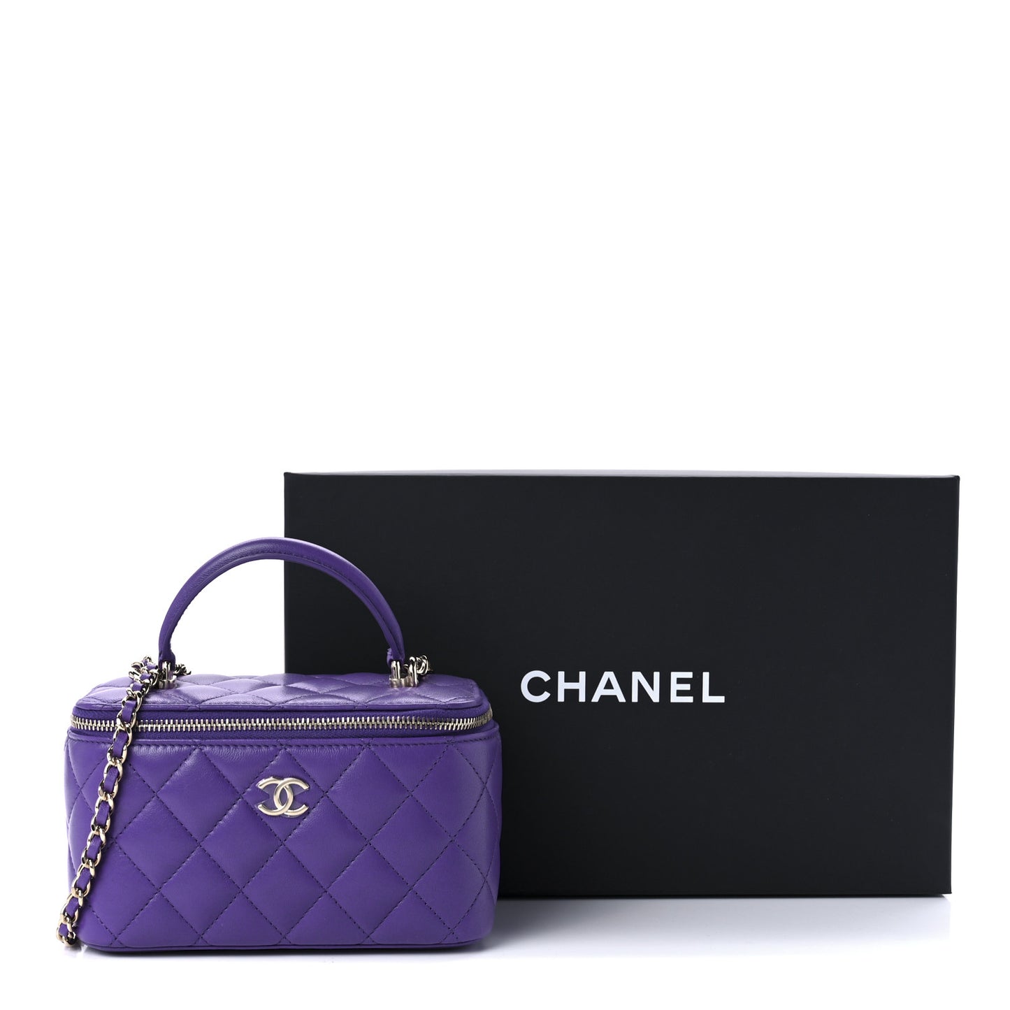 Lambskin Quilted Small Top Handle Vanity Case With Chain Purple