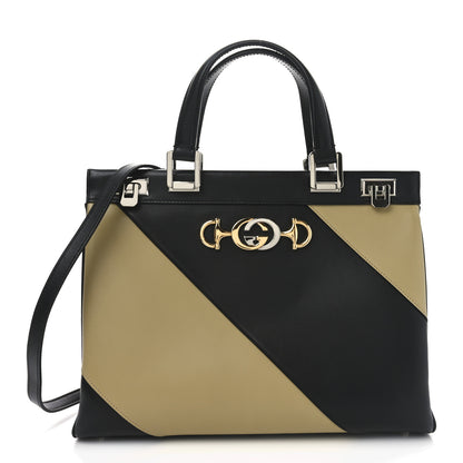 Gucci Smooth Calfskin Diagonal Striped Medium Zumi Top Handle Bag Black Beige 1 of 10