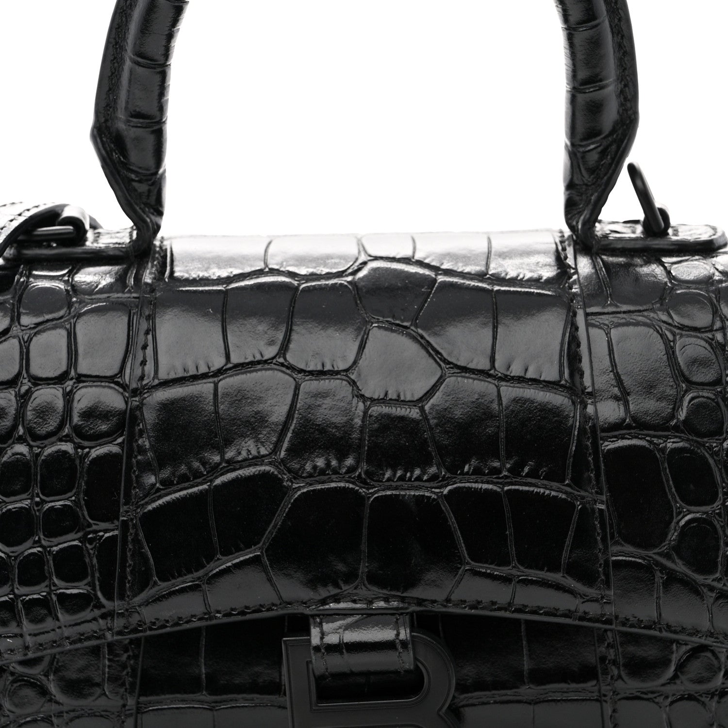 Balenciaga Shiny Calfskin Monochrome Crocodile Embossed Hourglass Top Handle Bag XS Black 5 of 10