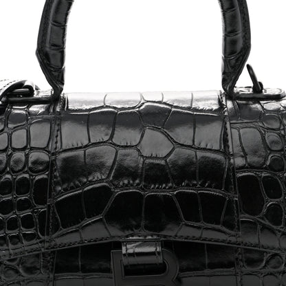 Balenciaga Shiny Calfskin Monochrome Crocodile Embossed Hourglass Top Handle Bag XS Black 5 of 10