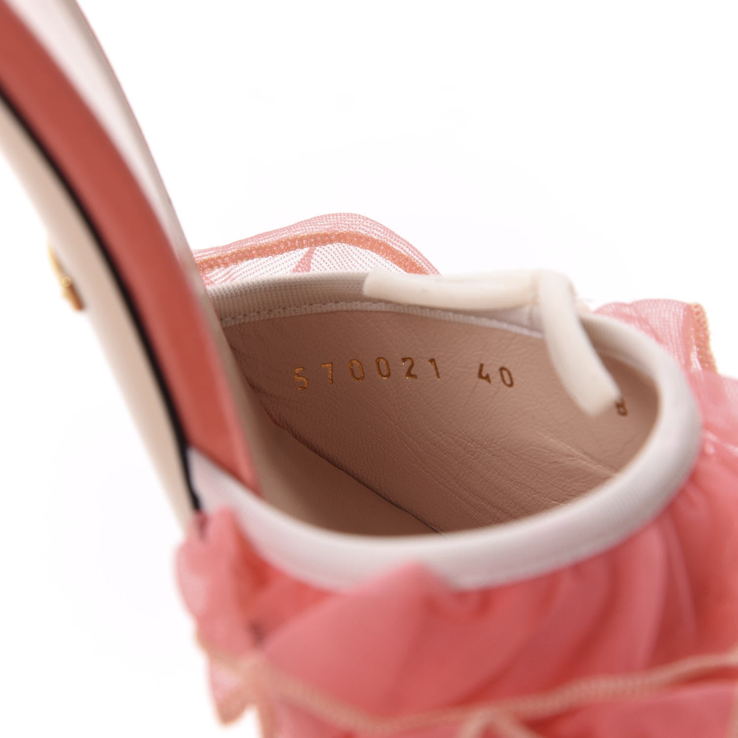 Gucci Tulle Ruffle Low Heel Slide Sandals 40 Peach White 11 of 12