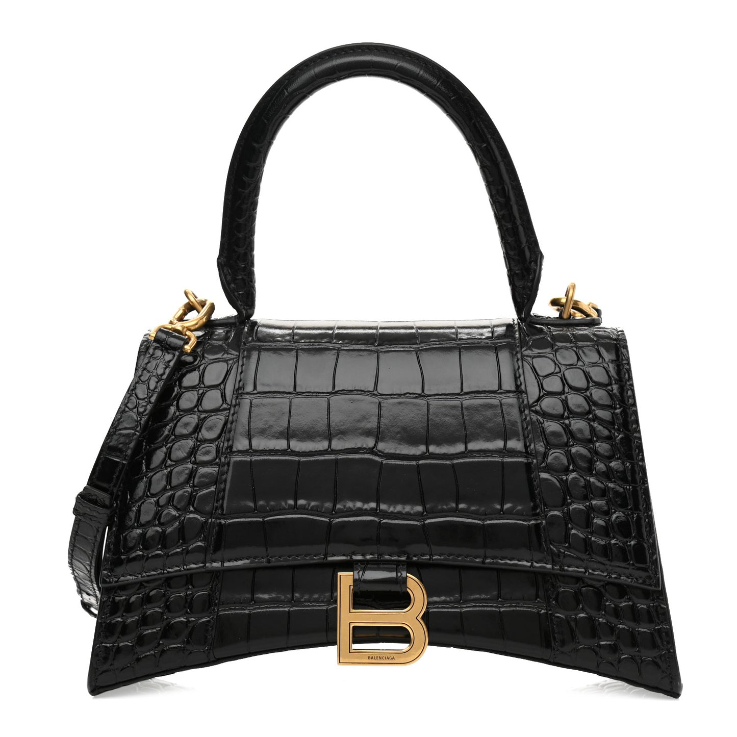 Shiny Calfskin Crocodile Embossed Small Hourglass Top Handle Bag Black