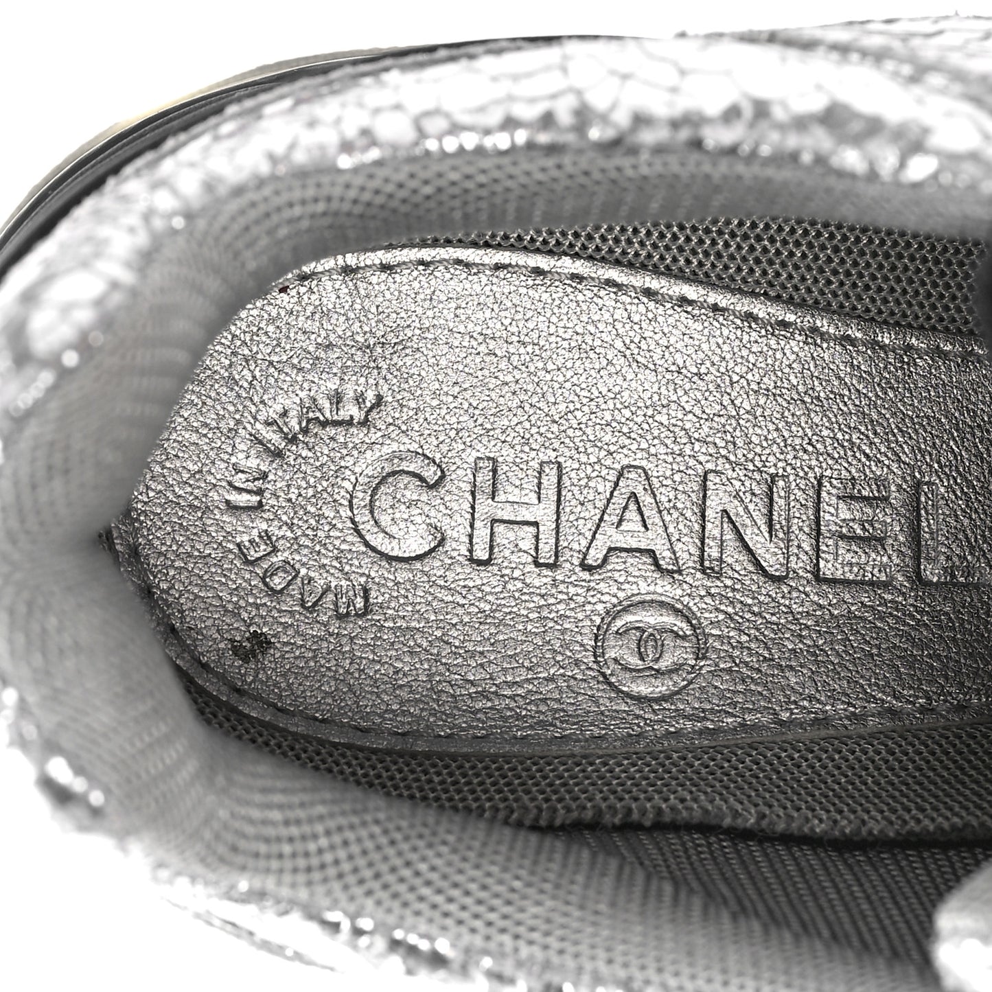 Metallic Crackled Calfskin CC Sneakers 37 Silver Black Navy