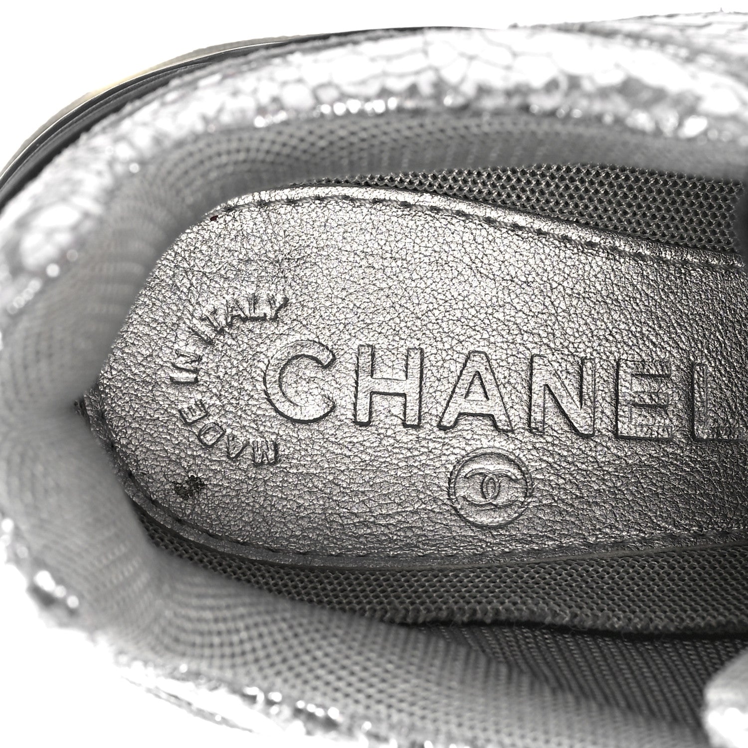 Chanel Metallic Crackled Calfskin CC Sneakers 37 Silver Black Navy 8 of 9