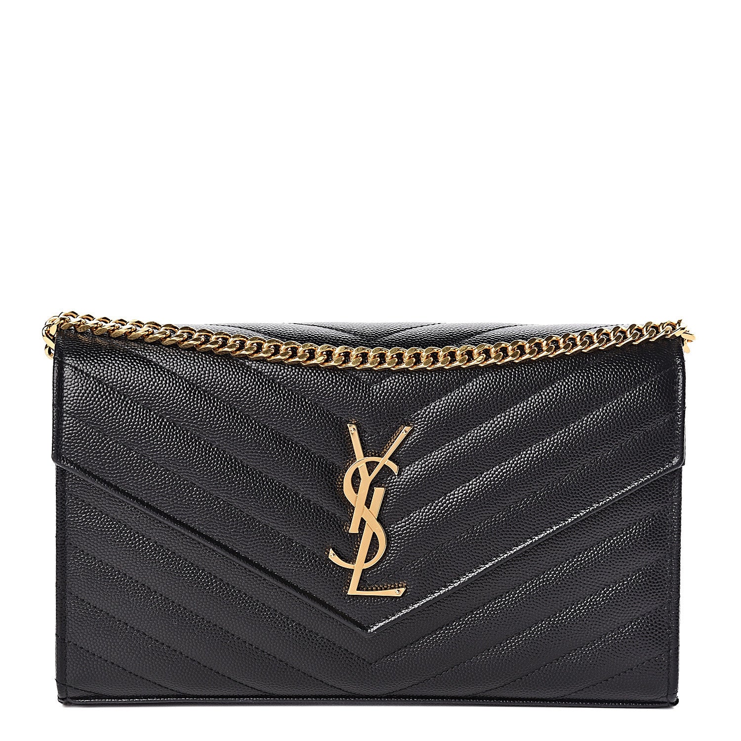 Saint Laurent Grain De Poudre Matelasse Chevron Monogram Chain Wallet Black 1 of 9