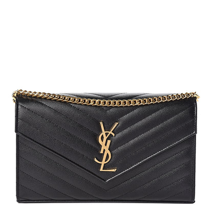 Saint Laurent Grain De Poudre Matelasse Chevron Monogram Chain Wallet Black 1 of 9