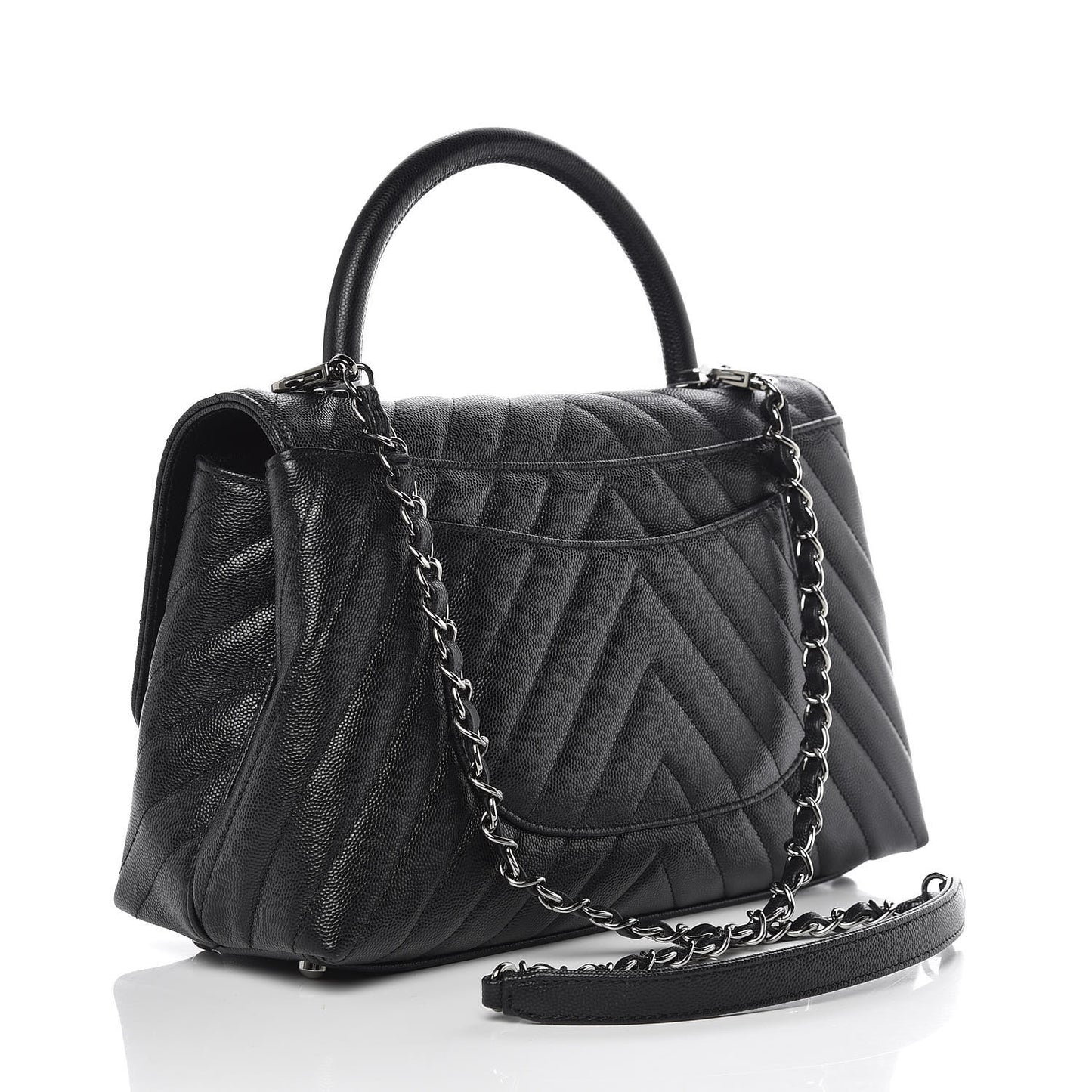 Caviar Chevron Quilted Small Coco Handle Flap Black