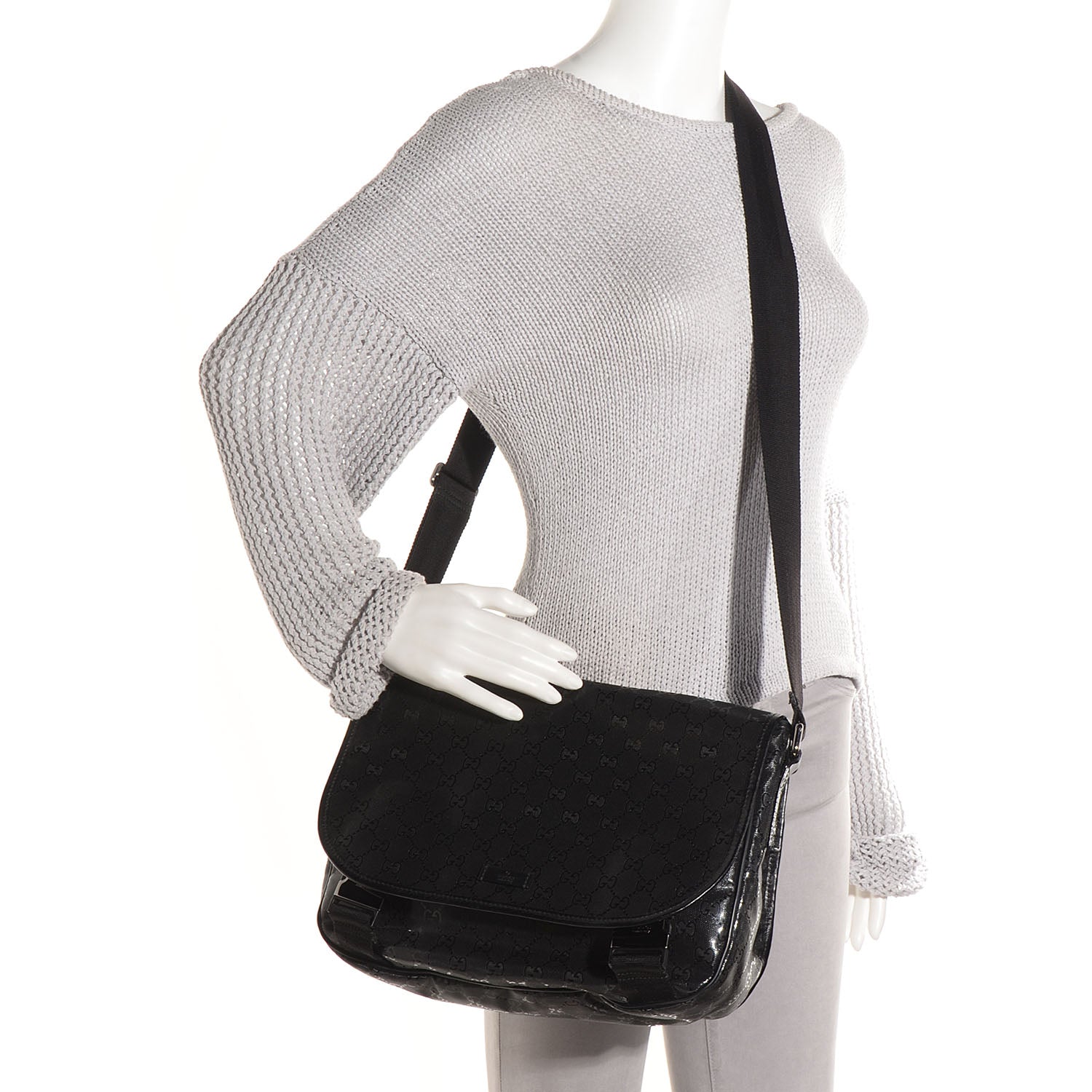 Gucci Imprime Monogram Medium Double Buckle Flap Messenger Bag Black 2 of 9