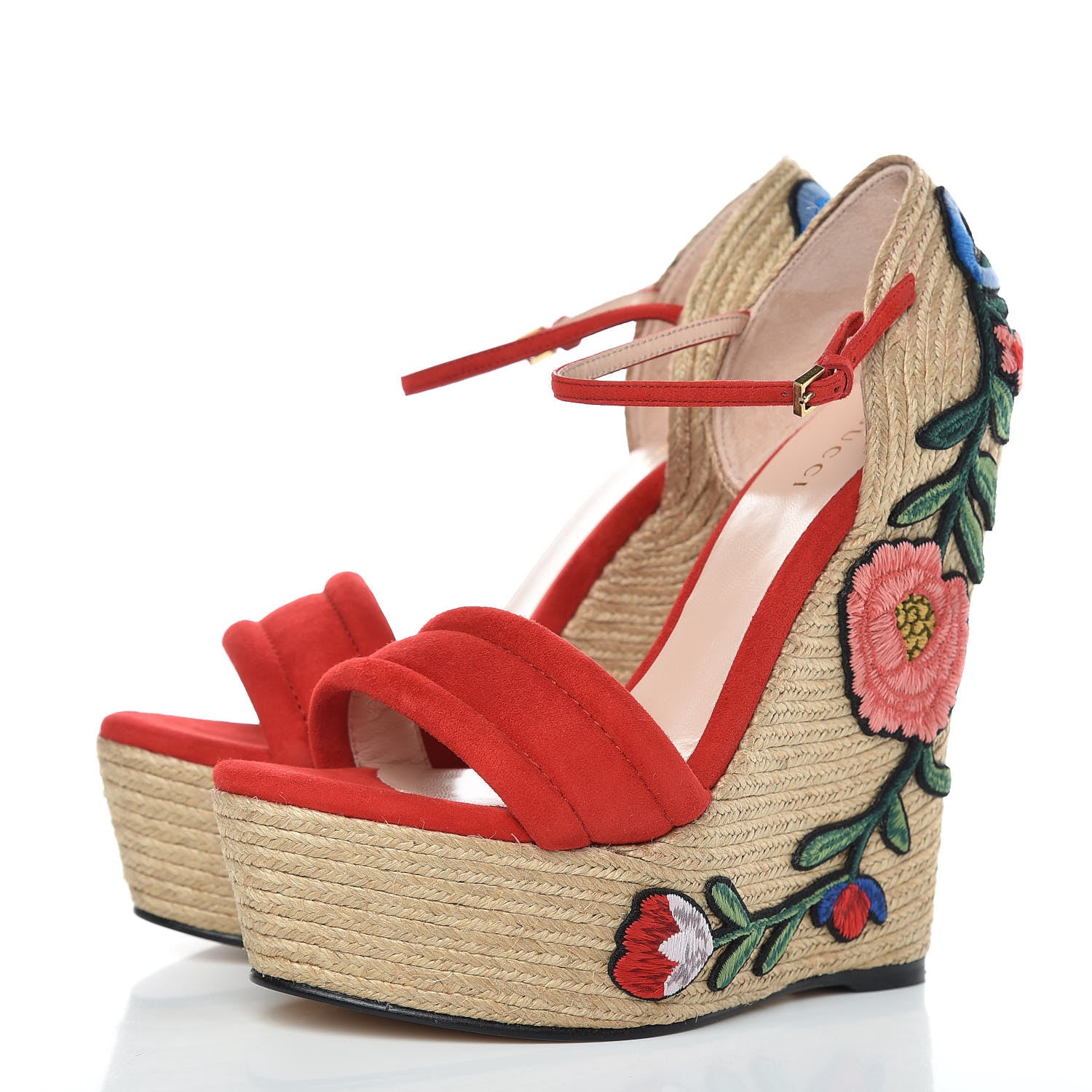 Gucci Kid Scamosciato Ophelia Espadrille Platform Wedge Sandals 37 Hibiscus Rd 3 of 9