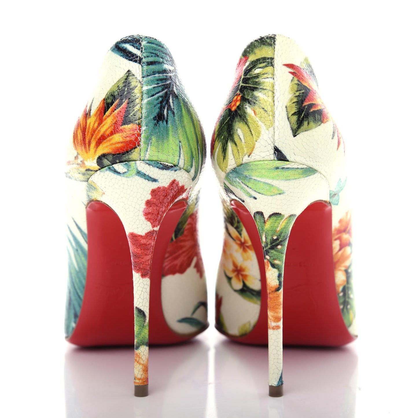 Crackled Calfskin Hawaiian Print Pigalle Follies 100 Pumps 36 White