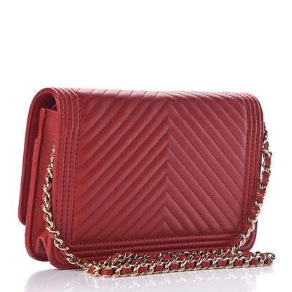 Chanel Calfskin Chevron Quilted Boy Wallet On Chain WOC Red 3 of 11