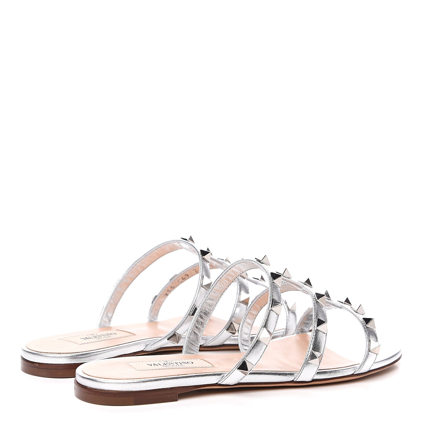 Metallic Nappa Rockstud Caged Flat Slide Sandals 35.5 Silver