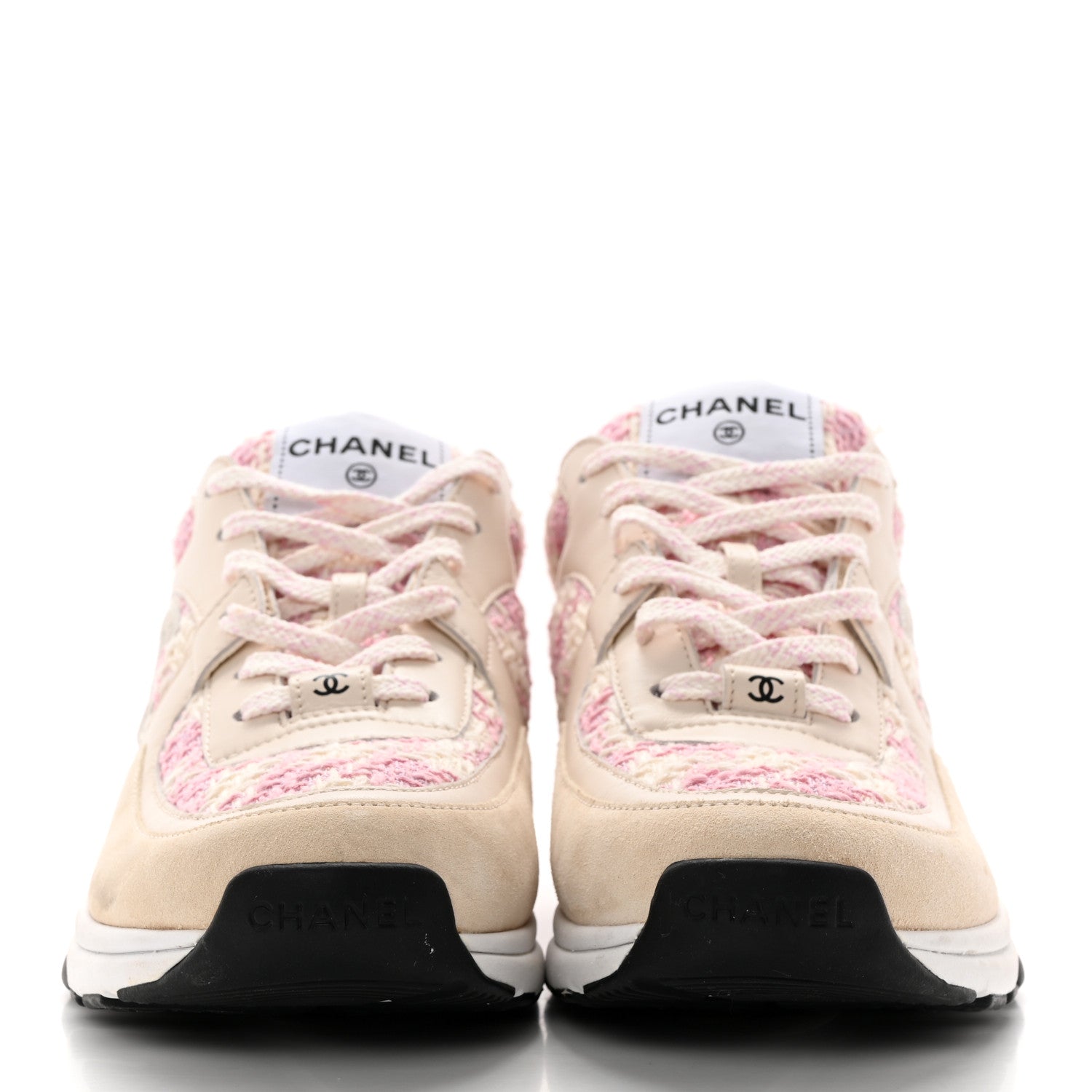 Chanel Tweed Suede Calfskin Womens CC Sneakers 40 Pink Ecru 2 of 10