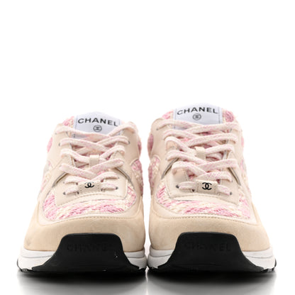 Chanel Tweed Suede Calfskin Womens CC Sneakers 40 Pink Ecru 2 of 10