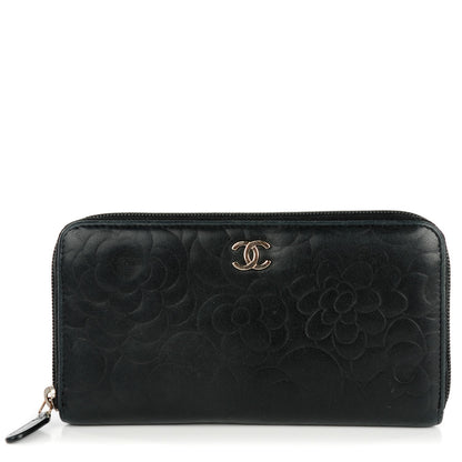 Chanel Lambskin Camellia Embossed Large Zip Around Gusset Wallet Black 1 of 8
