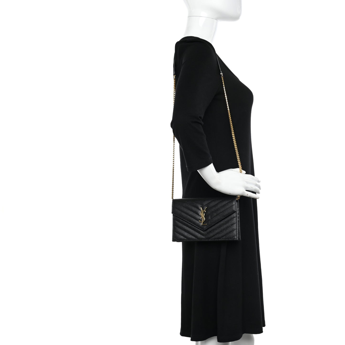 Grain De Poudre Matelasse Chevron Monogram Envelope Chain Wallet Black