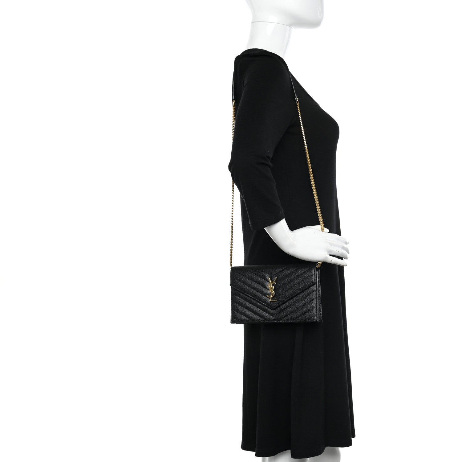 Saint Laurent Grain De Poudre Matelasse Chevron Monogram Envelope Chain Wallet Black 2 of 8