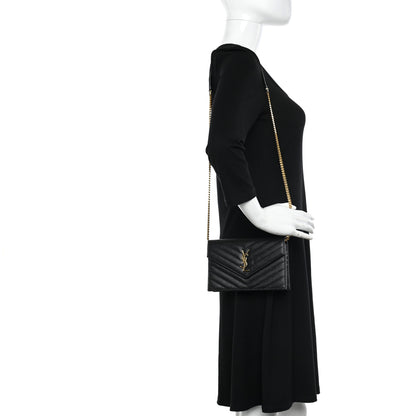 Saint Laurent Grain De Poudre Matelasse Chevron Monogram Envelope Chain Wallet Black 2 of 8