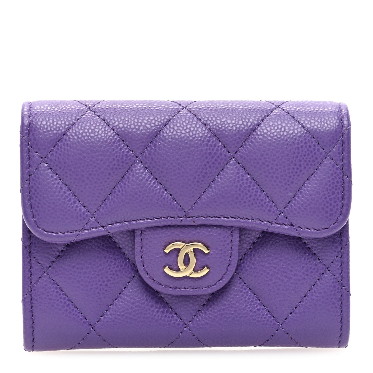 Caviar Quilted Flap Card Holder Wallet Purple