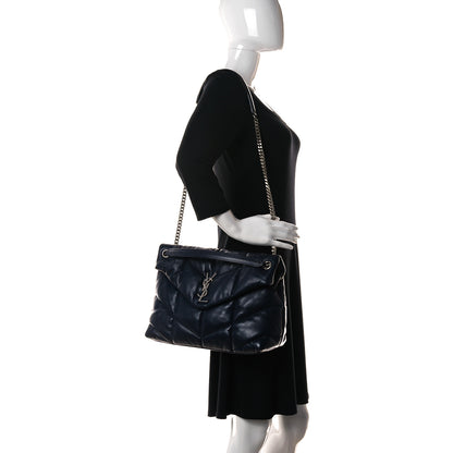 Saint Laurent Lambskin Quilted Medium Loulou Puffer Monogram Chain Satchel Navy 2 of 12
