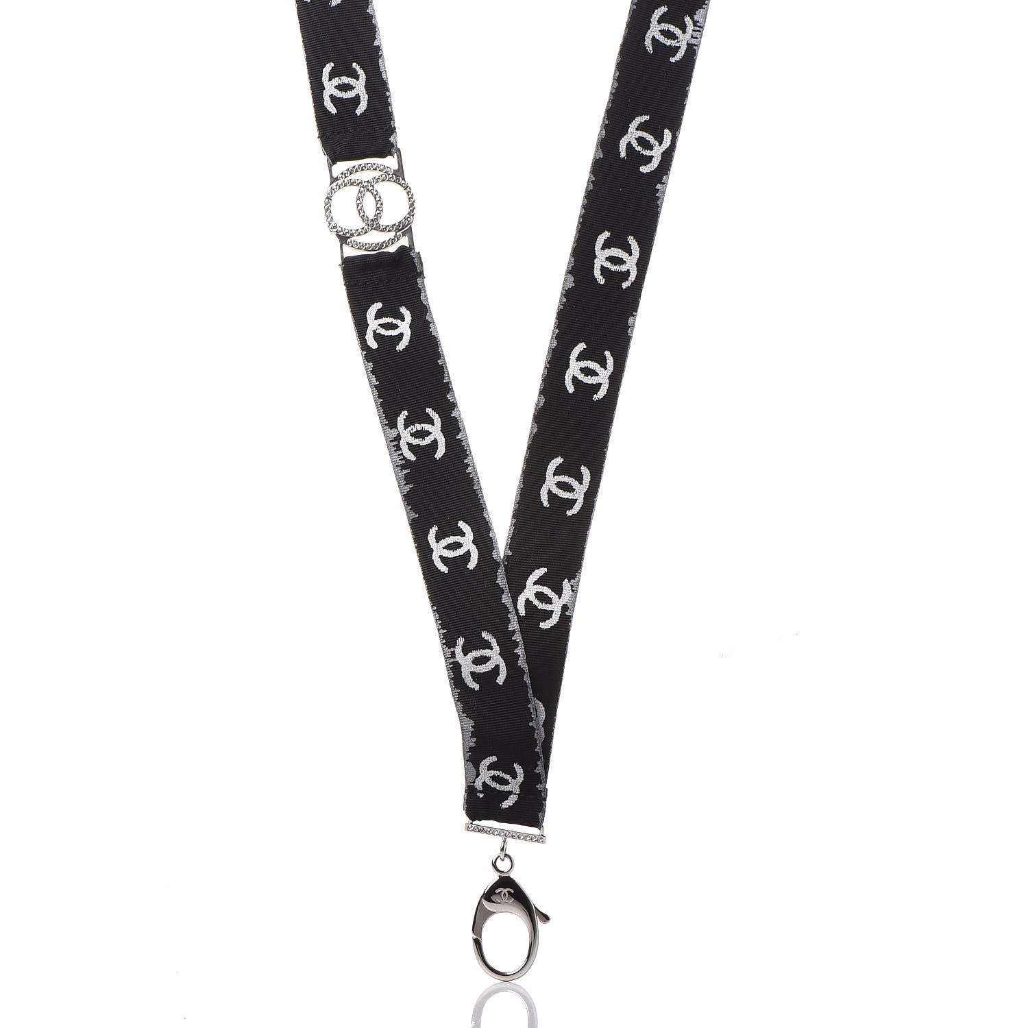 Chanel Crystal CC Lanyard Necklace Black Silver 1 of 6