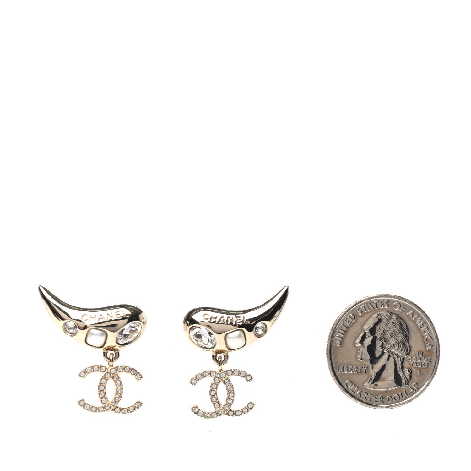 Chanel Crystal Pearl CC Drop Earrings Gold 2 of 5