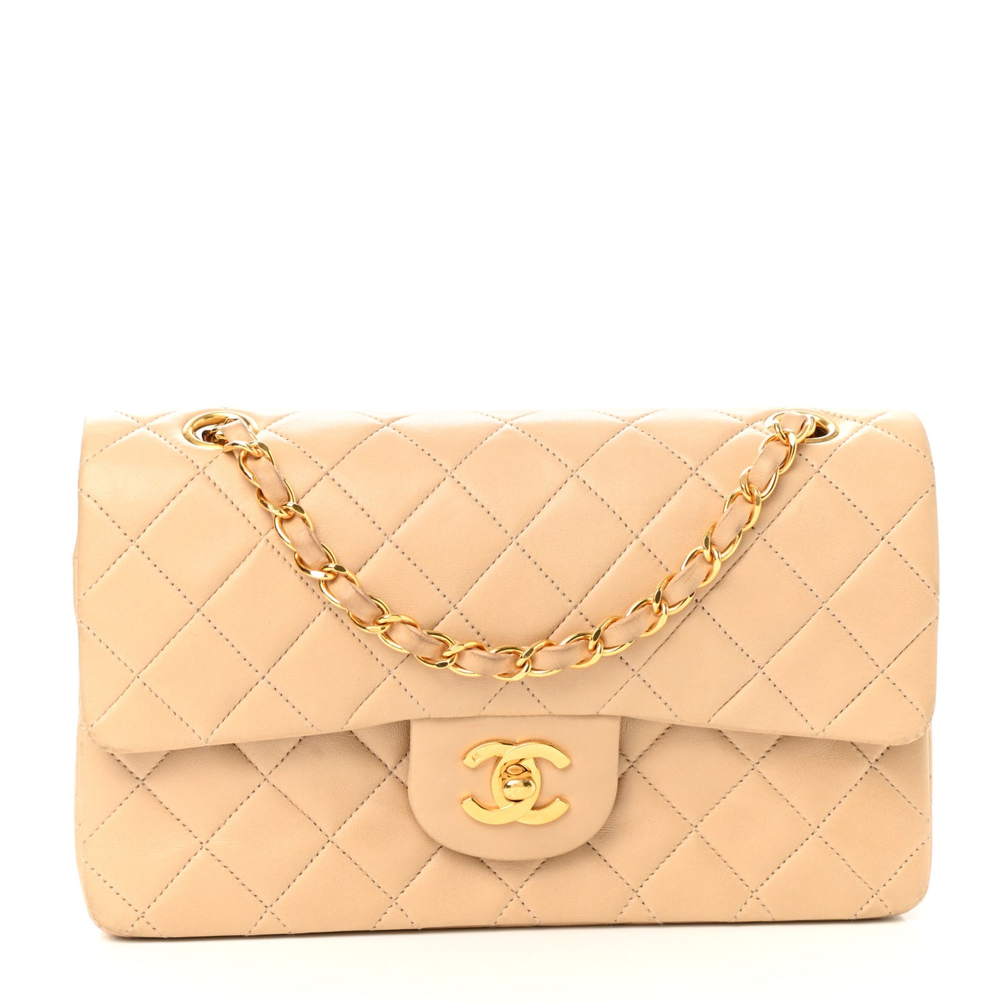 Lambskin Quilted Small Double Flap Beige