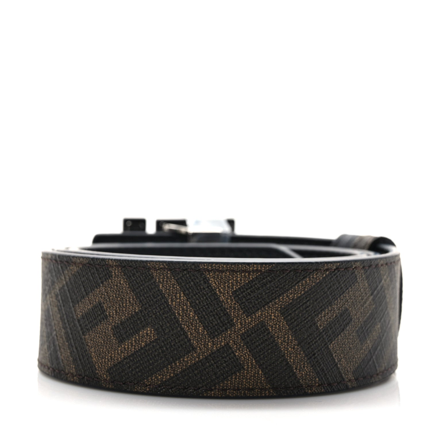 Fendi Cuoio Romano Glazed Fabric Enamel FF 1974 Reversible Belt 85 34 Black Tobacco 2 of 5