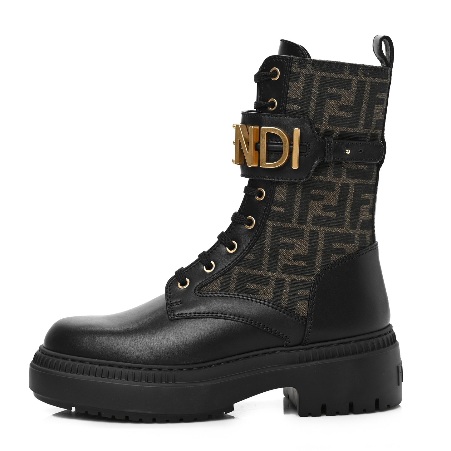 Vitello Fabric Jacquard FF Fendigraphy 50mm Biker Boots 39 Black Tobacco