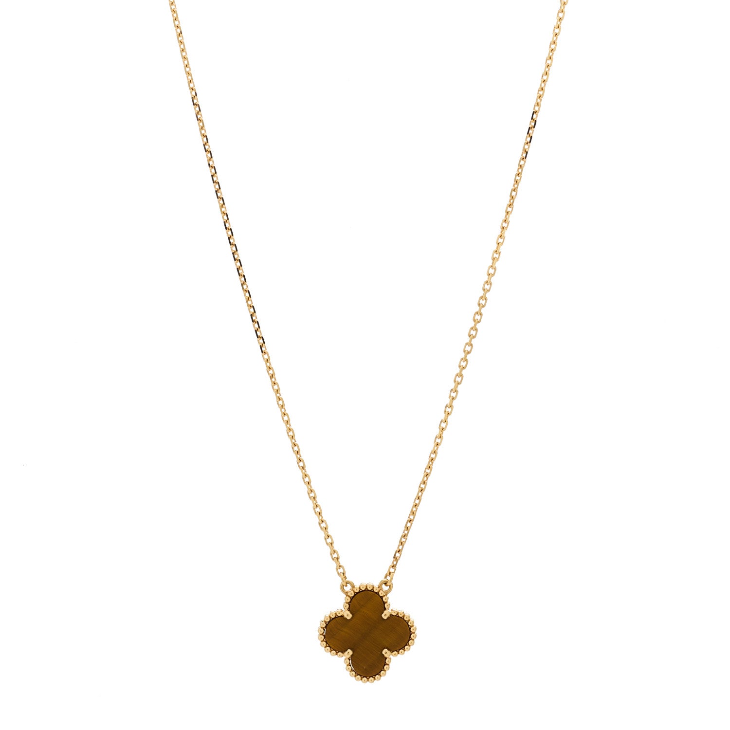 Van Cleef & Arpels 18K Yellow Gold Tiger Eye Vintage Alhambra Pendant Necklace 1 of 4