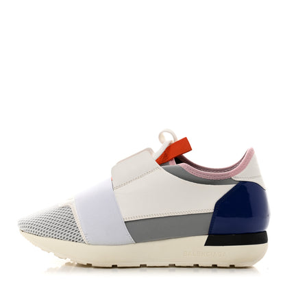 Balenciaga Mesh Calfskin Neoprene Patent Womens Race Runner Sneakers 37 White Multicolor 1 of 7