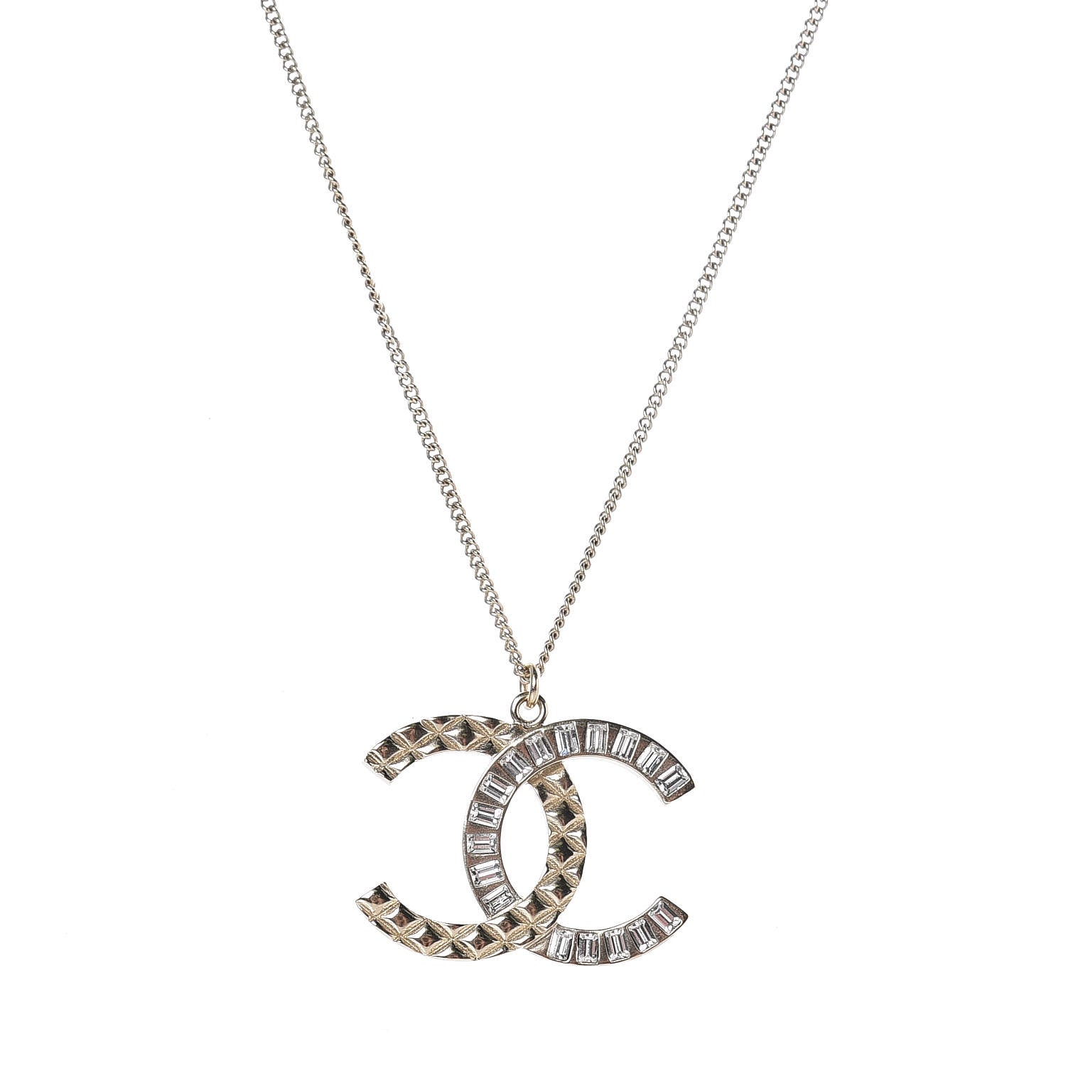 Chanel Baguette Crystal Quilted CC Pendant Necklace Gold 4 of 6