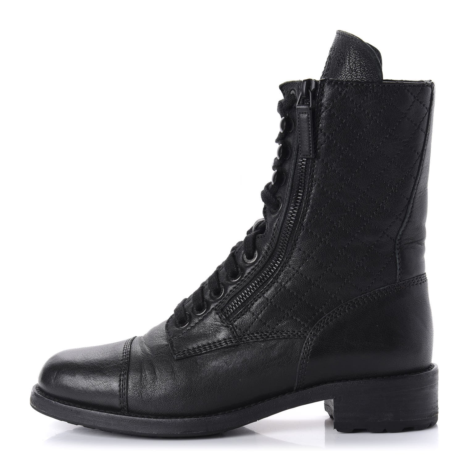 Chanel Calfskin Quilted Lace Up Combat Boots 39 Black 1 of 7