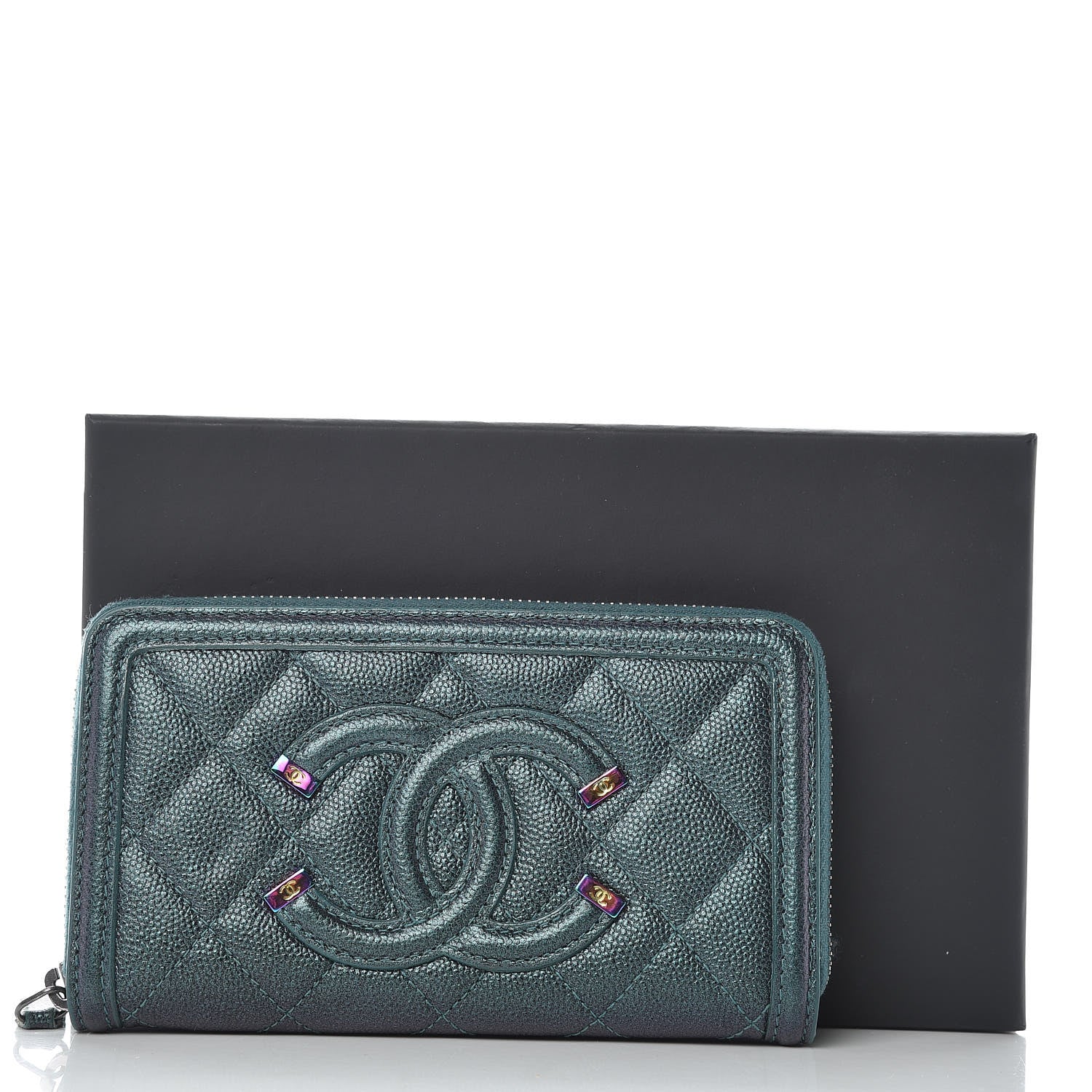Chanel Iridescent Caviar Quilted Medium Filigree Zip Around Wallet Dark Turquoise 11 of 11