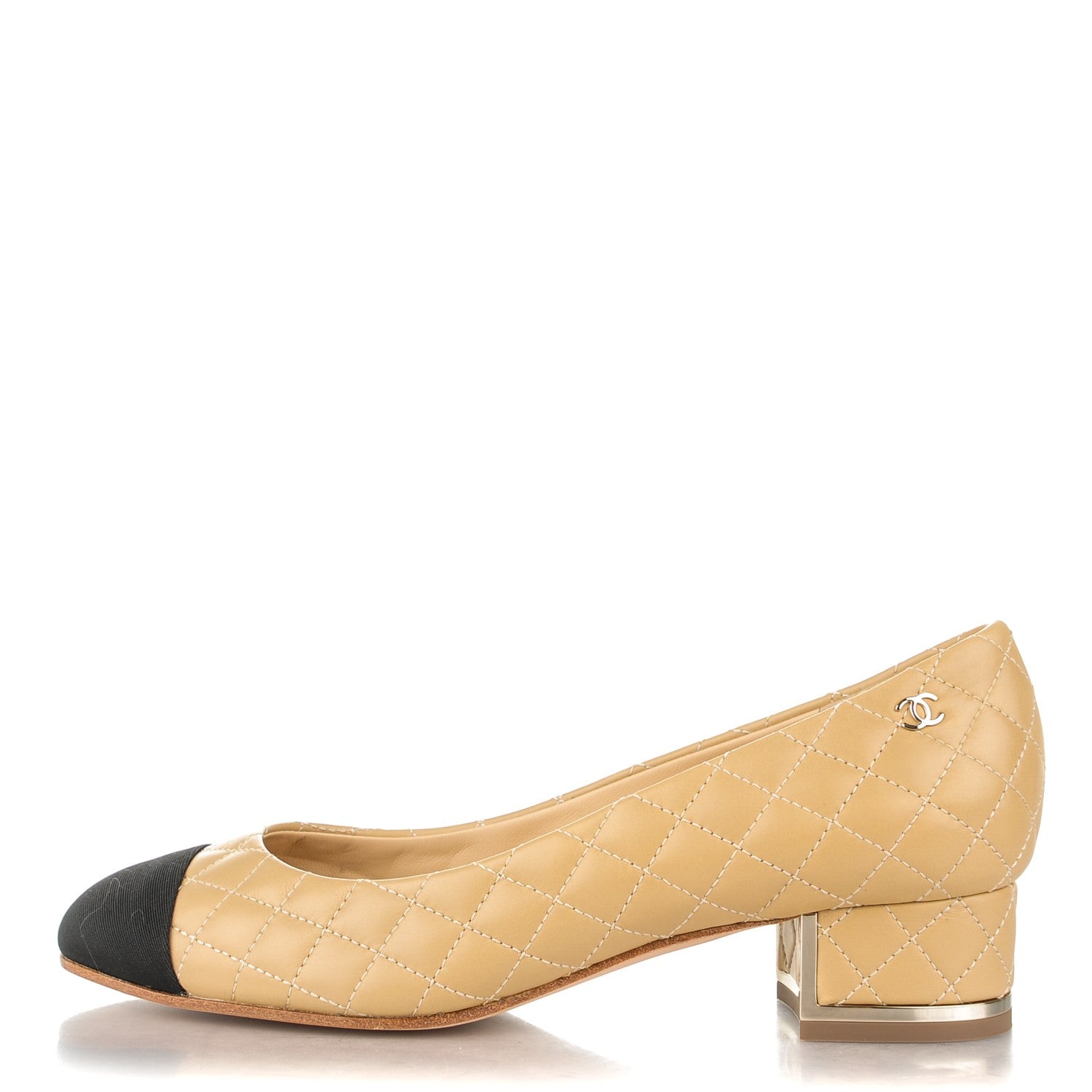 Chanel Calfskin Grosgrain Quilted CC Cap Toe Low Heel Pumps 36 Beige Black 1 of 7
