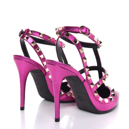 Valentino Garavani Metallic Pebbled Calfskin Rockstud Ankle Strap Pumps 36 Peony 4 of 8