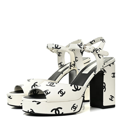 Chanel Printed Lambskin Coco Beach Platform Sandals 38 White Black 3 of 12