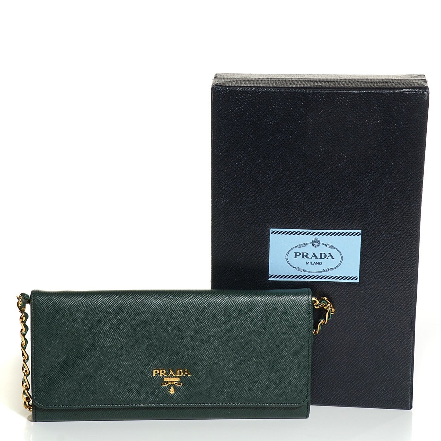 Prada Saffiano Metal Oro Chain Wallet Smeraldo 5 of 10