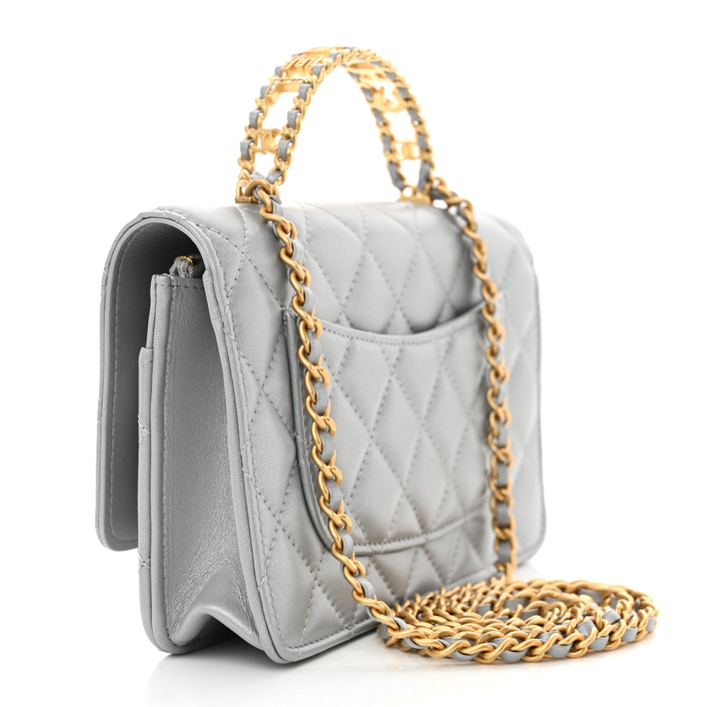 Metallic Lambskin Quilted Crystal Top Handle Rectangular Flap Silver