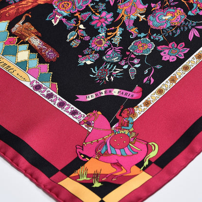 Hermes Silk Fantaisies Indiennes Pocket Square Framboise Noir Canard 4 of 8